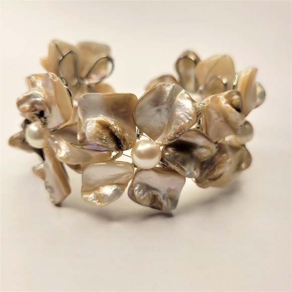 Cream White Pearl Adjustable Cuff Bangle Bracelet- NEW - Picture 5 of 12